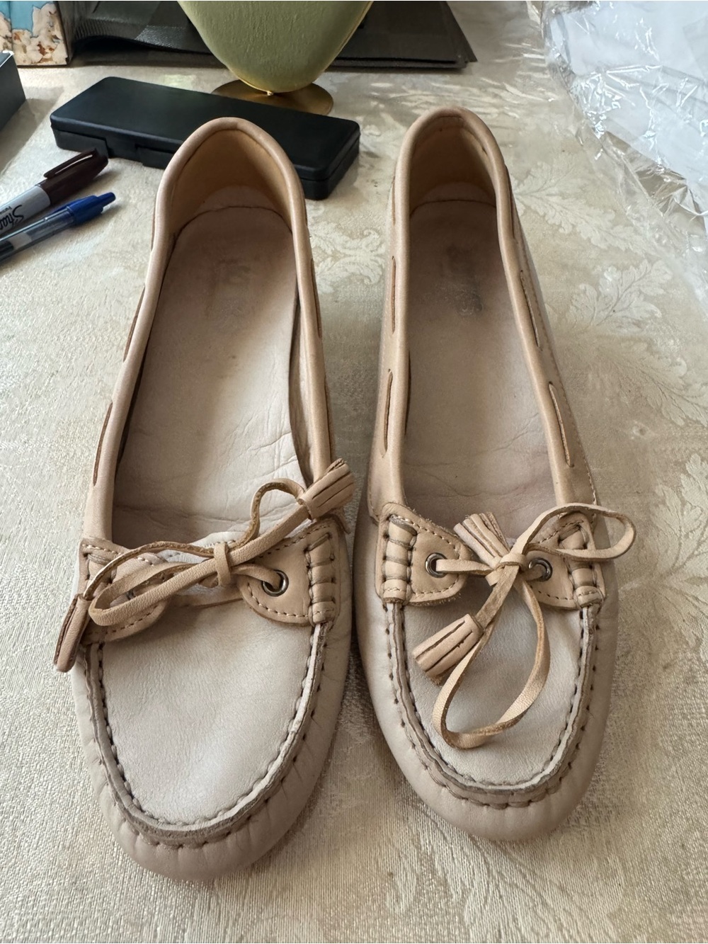 Tod's Blush Beige Leather Tassel Kitten Heel Moccasin Pumps 37